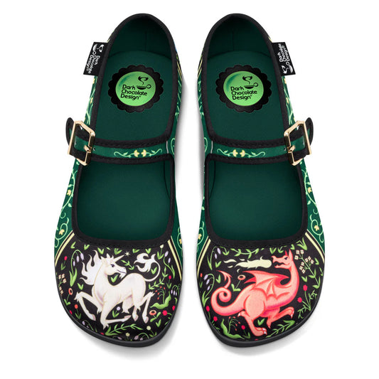 Chocolaticas Medieval Bestiary Mary Jane flat shoes dragon unicorn print vegan shoes