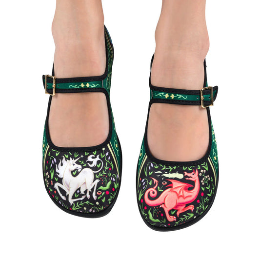 Chocolaticas Medieval Bestiary Mary Jane flats worn on feet dragon unicorn print shoes