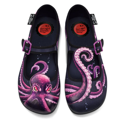 Chocolaticas Sea Demon Mary Jane flats pink purple octopus print vegan shoes