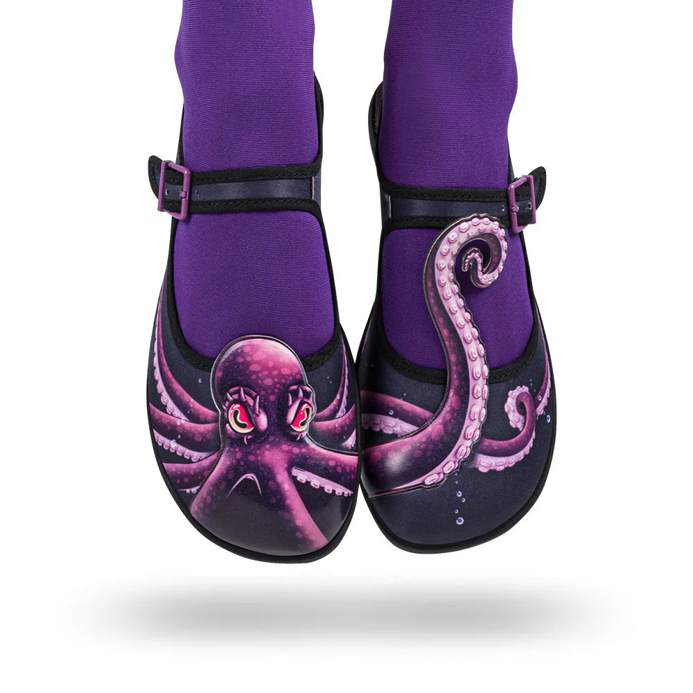 Chocolaticas Sea Demon Mary Jane flats worn with octopus tentacle print alternative shoes
