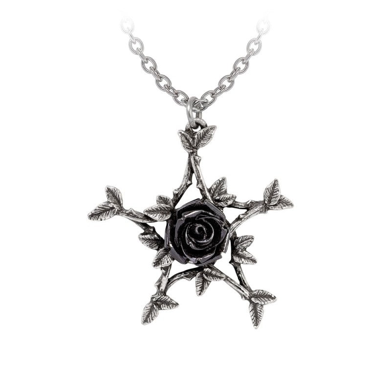 Alchemy Gothic Coven Rose Pentangle Necklace Black Rose Witchcraft Pewter Jewellery
