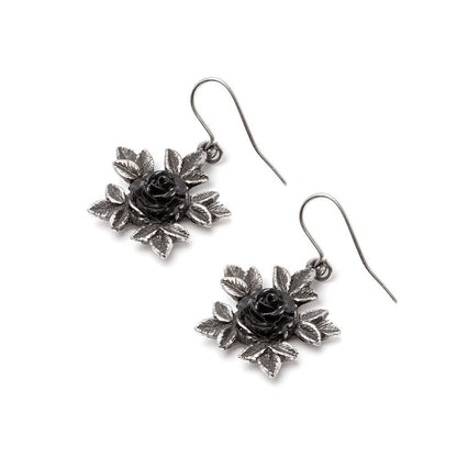 Alchemy Gothic Coven Rose Black Rose Drop Earrings Witchcraft Pewter Jewellery