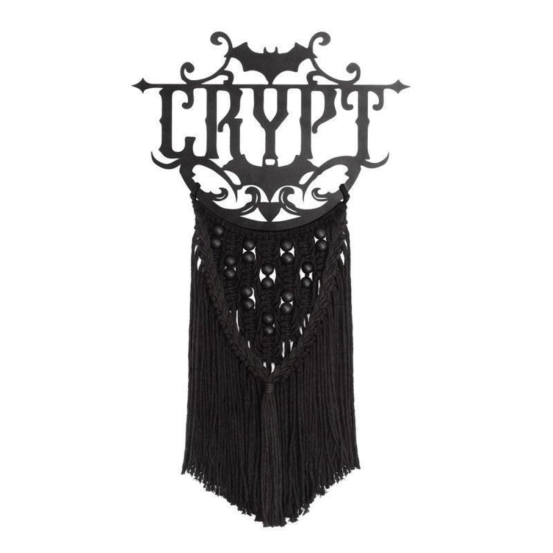Gothic Wall Hanging featuring the word 'Crypt' in macrame design with bats and intricate black details.