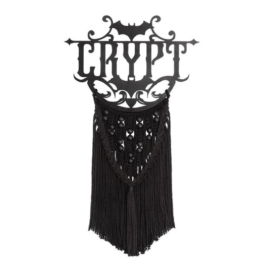 Gothic Wall Hanging featuring the word 'Crypt' in macrame design with bats and intricate black details.