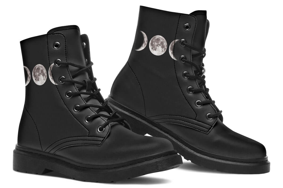 Custom-made vegan goth boots with mystical moon phase detail