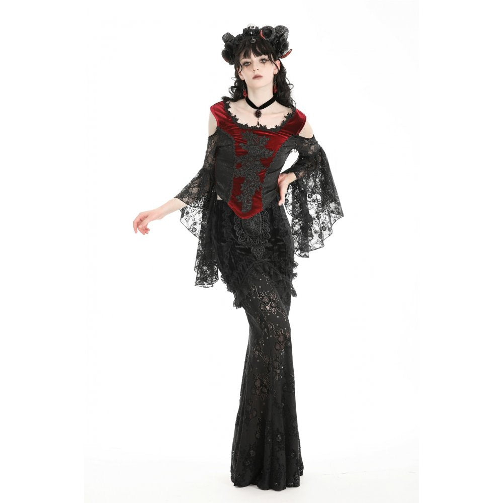Dark in Love Delancy Gothic Black and Red Velvet Cold Shoulder Top - Kate's Clothing