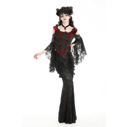 Dark in Love Delancy Gothic Black and Red Velvet Cold Shoulder Top - Kate's Clothing