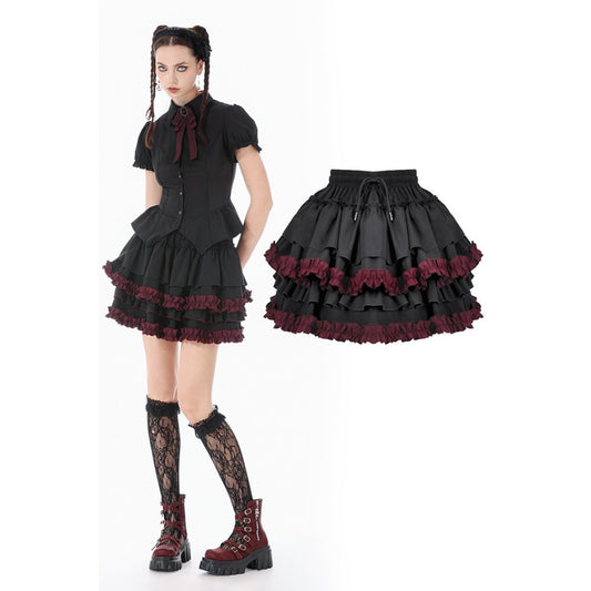 Dark in Love Black Crimson Gothic Tiered Skirt