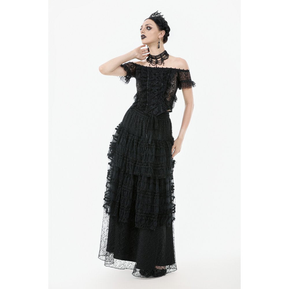 Dark in Love Morticia Gothic Velvet & Lace Bustier Dress in Black