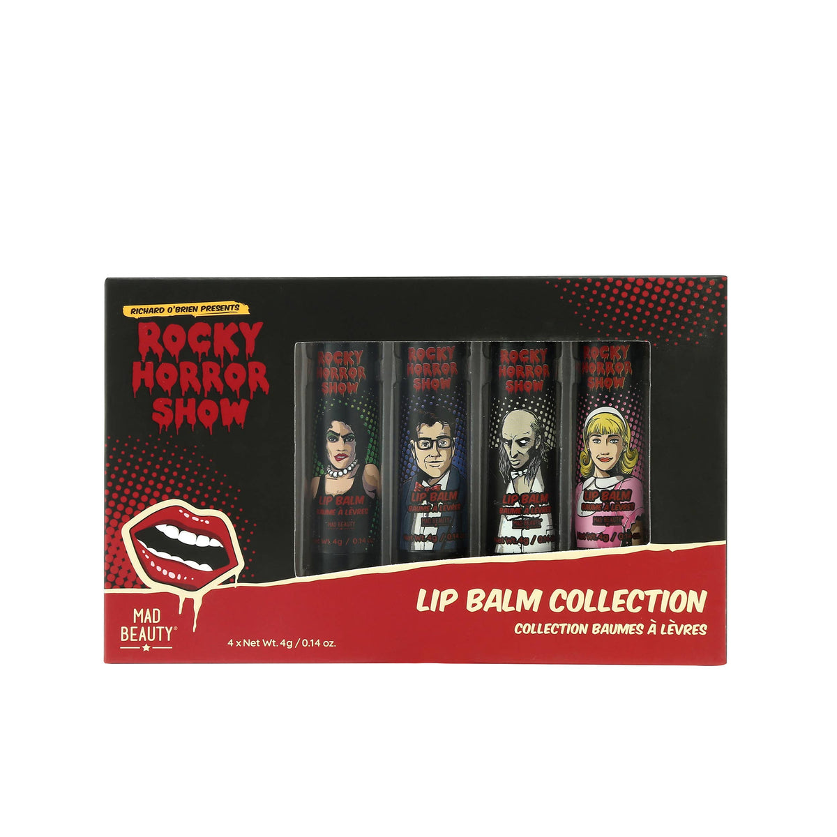 Mad Beauty Rocky Horror lip balm gift set in red character-illustrated box, showing all four balms through the window