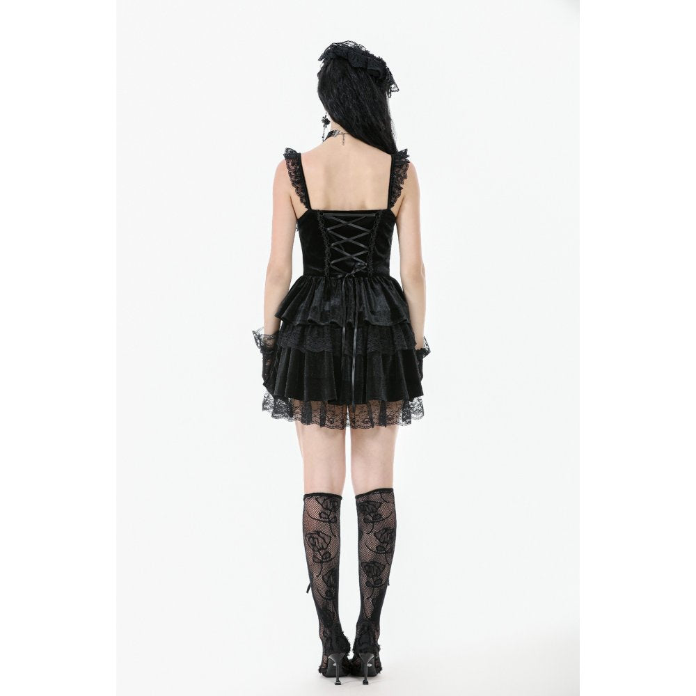 Dark in Love Nocturne Ruffled Velvet Lace Goth Dress in Black