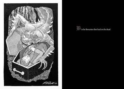 "B is for Boozoins" spread: a clawed creature crouched over an open coffin, beside a black page of white lettering.
