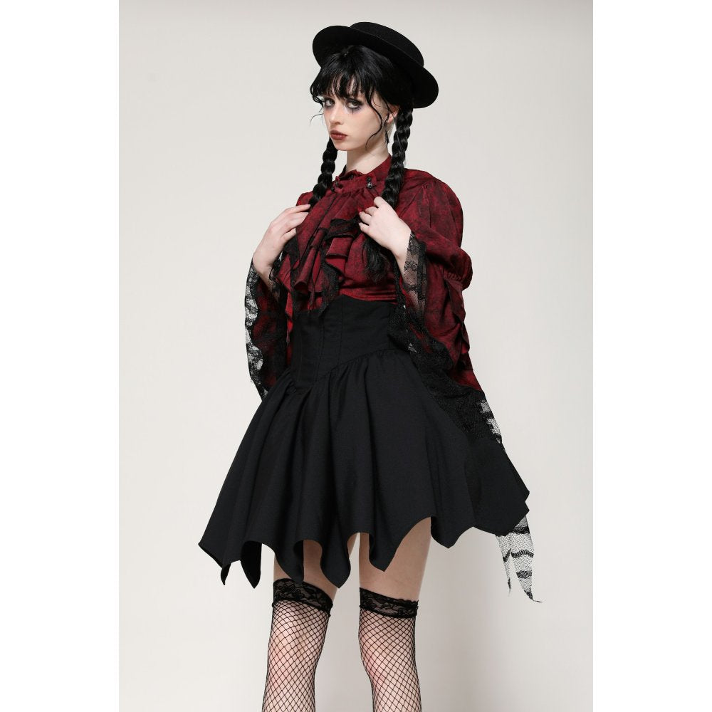 Dark in Love Vampiretta Red Distressed Effect Frilly Blouse - Kate's Clothing