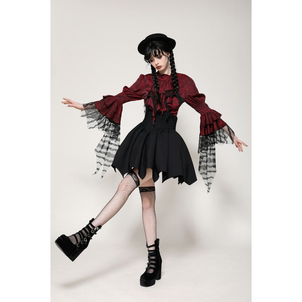 Dark in Love Vampiretta Red Distressed Effect Frilly Blouse - Kate's Clothing