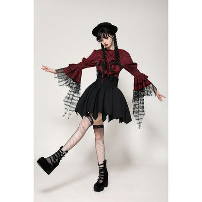 Dark in Love Vampiretta Red Distressed Effect Frilly Blouse - Kate's Clothing