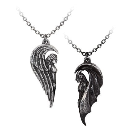 Gothic couple necklace pewter angel demon pendant