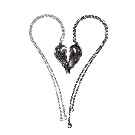 Couple Necklace featuring angel and demon pendants on chains, symbolizing duality and connection in a gothic design.