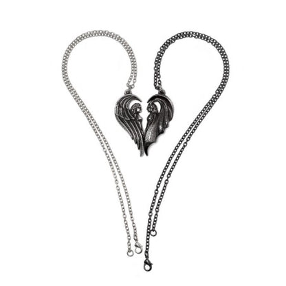 Couple Necklace featuring angel and demon pendants on chains, symbolizing duality and connection in a gothic design.