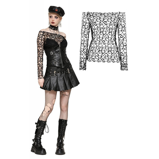 Dark in Love Darcy black distressed net top off shoulder gothic mesh top worn by model