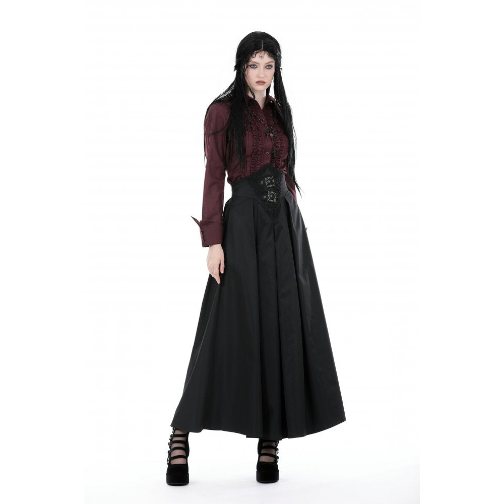 Dark in Love Delora high waist maxi skirt front and back view black pleated gothic maxi skirt