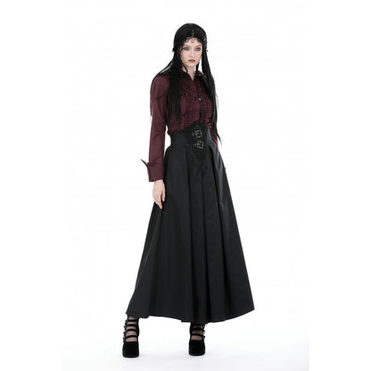Dark in Love Delora high waist maxi skirt front and back view black pleated gothic maxi skirt