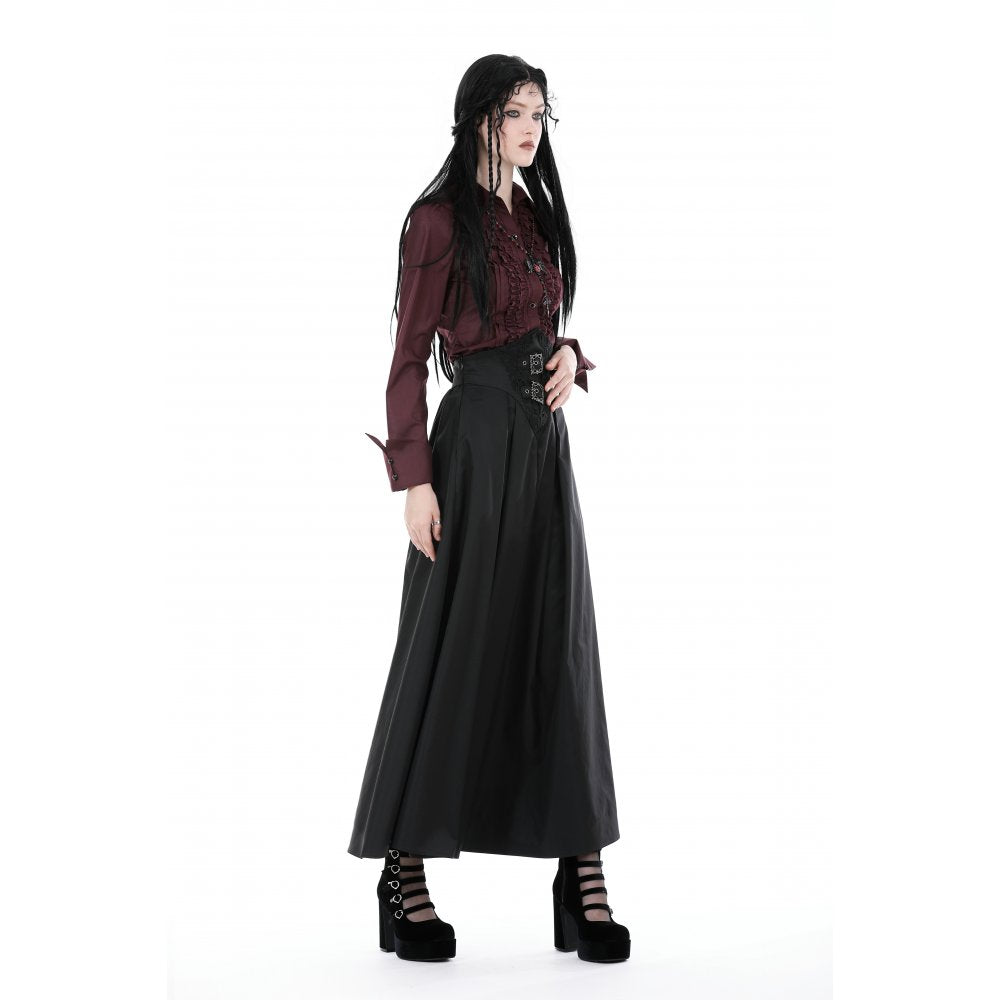 Dark in Love Delora maxi skirt worn on model black gothic high waist skirt with flowing pleats