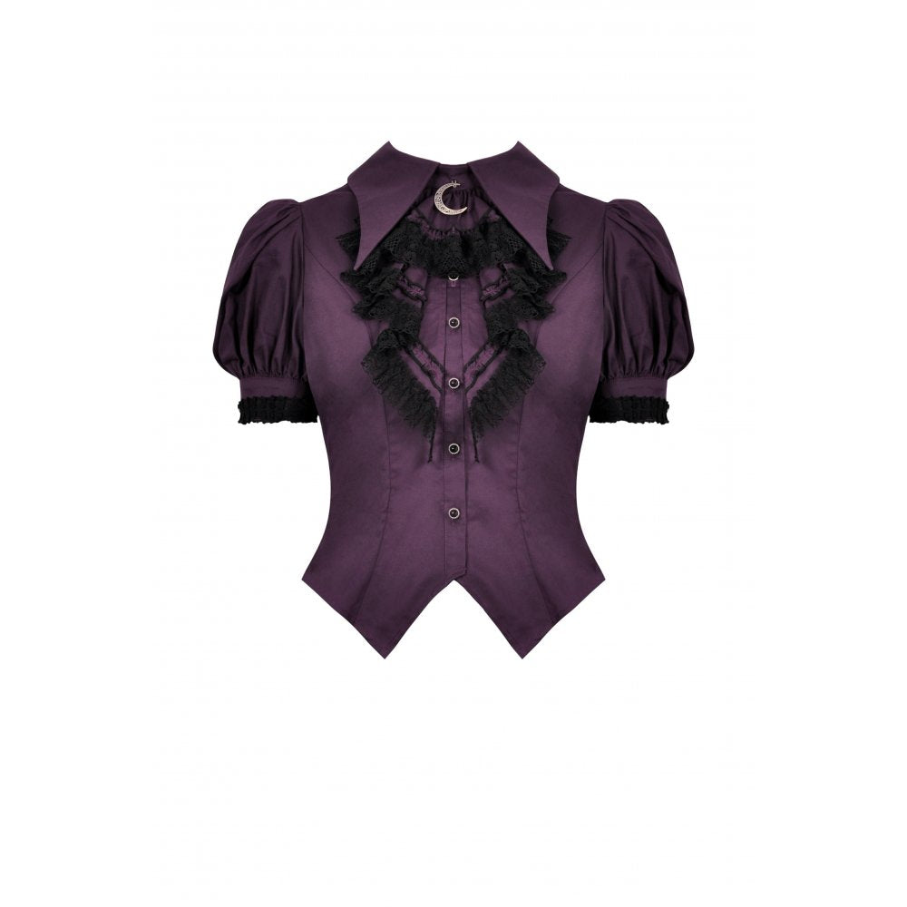 Dark in Love Druantia blouse front view deep purple cotton blouse with crescent moon accessory