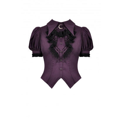 Dark in Love Druantia blouse front view deep purple cotton blouse with crescent moon accessory
