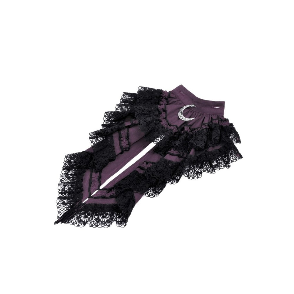 Dark in Love Druantia blouse lace and trim detail close-up on deep purple gothic fabric