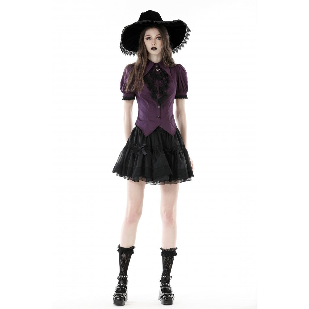 Dark in Love Druantia blouse front view on model deep purple gothic blouse with moon charm