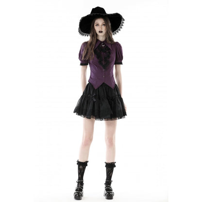 Dark in Love Druantia blouse front view on model deep purple gothic blouse with moon charm