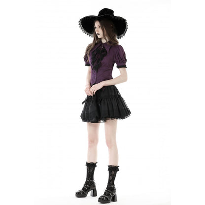 Dark in Love Druantia blouse deep purple top styled with gothic outfit and celestial moon charm