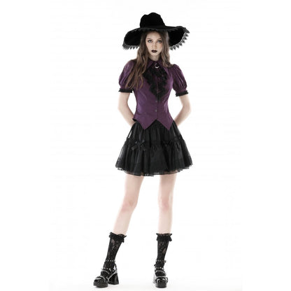 Dark in Love Druantia blouse worn by model showing puff sleeves and deep purple gothic style