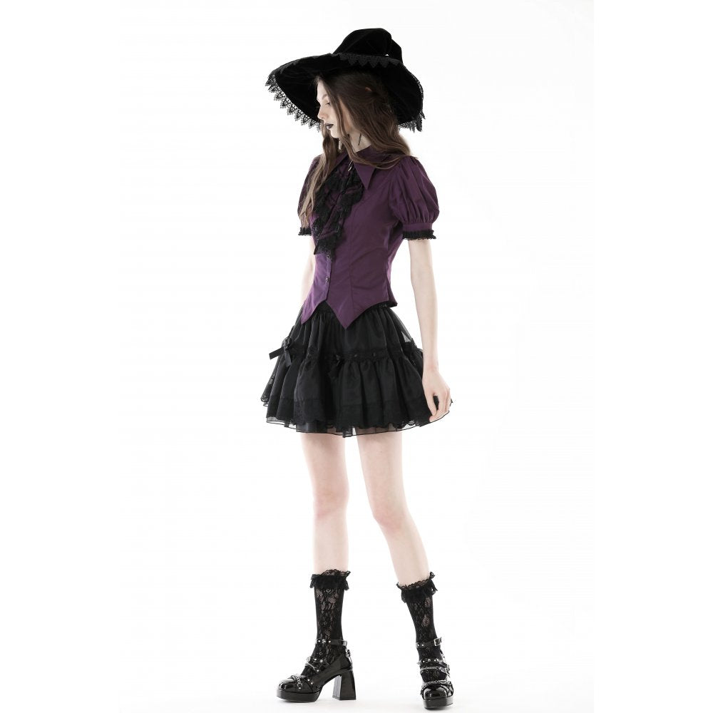 Dark in Love Druantia blouse side view on model showing puff sleeve design and fitted gothic silhouette