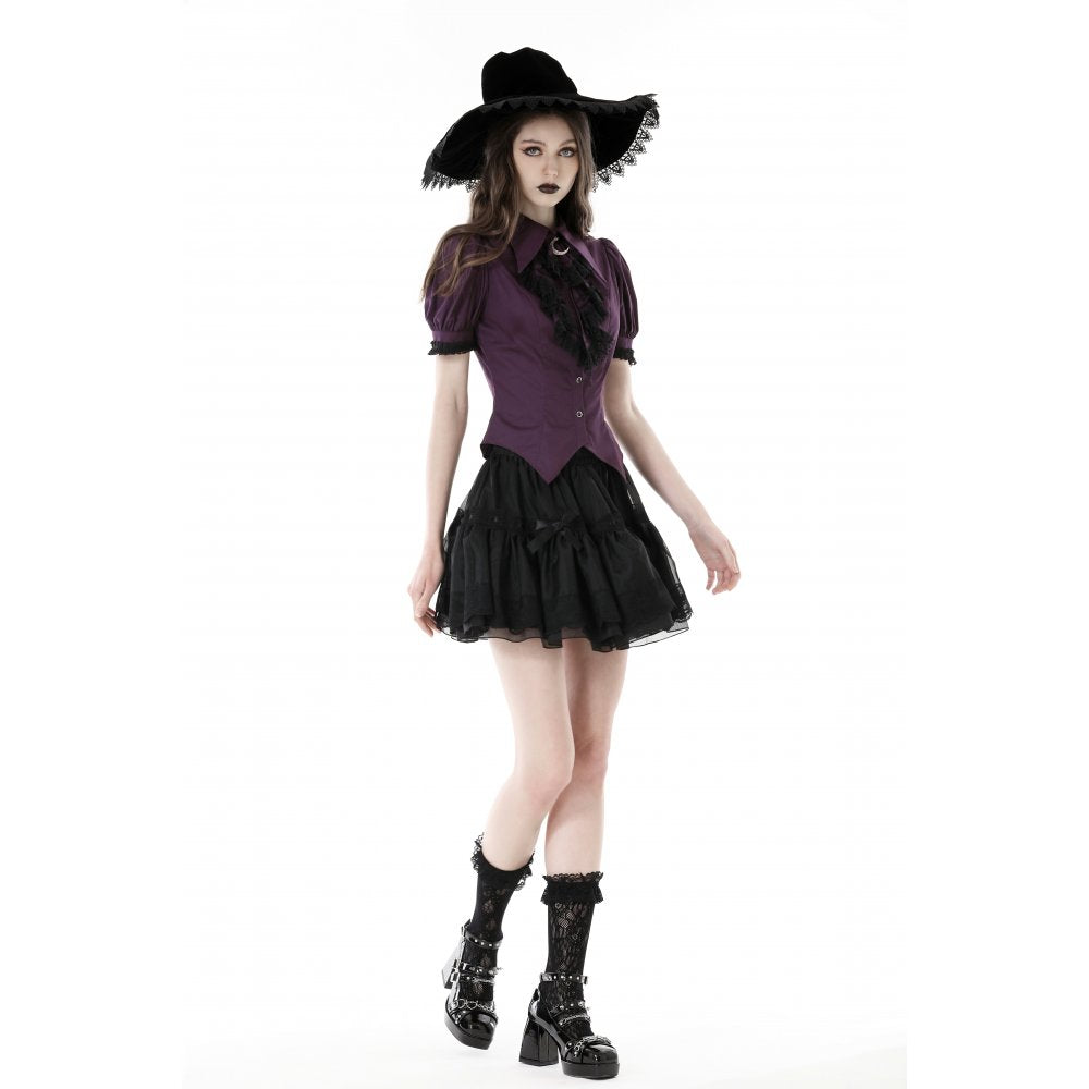 Dark in Love Druantia blouse styled with gothic skirt deep purple celestial themed blouse