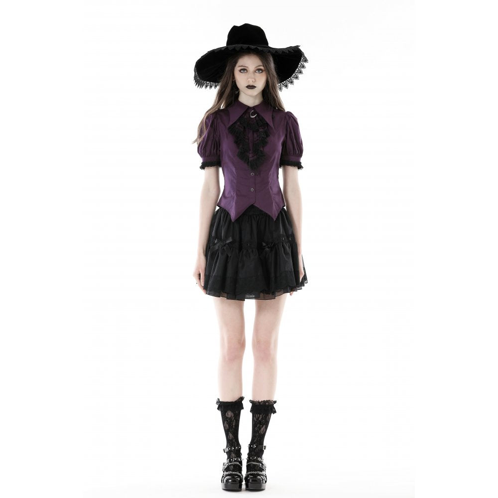 Dark in Love Druantia blouse styled with gothic skirt deep purple celestial themed blouse wore by a model