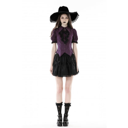 Dark in Love Druantia blouse styled with gothic skirt deep purple celestial themed blouse wore by a model
