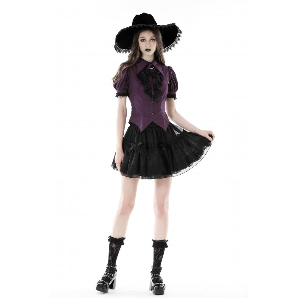Dark in Love Druantia blouse styled on model deep purple gothic blouse with puff sleeves