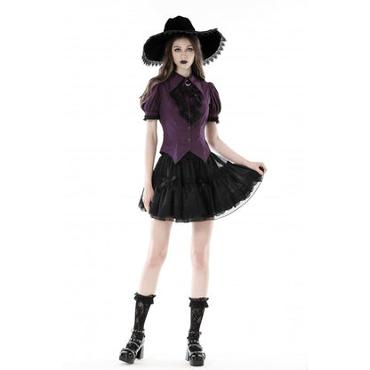Dark in Love Druantia blouse styled on model deep purple gothic blouse with puff sleeves