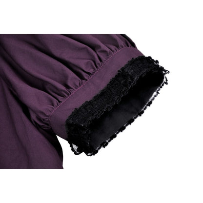 Dark in Love Druantia blouse worn by model walking deep purple gothic blouse with puff sleeves