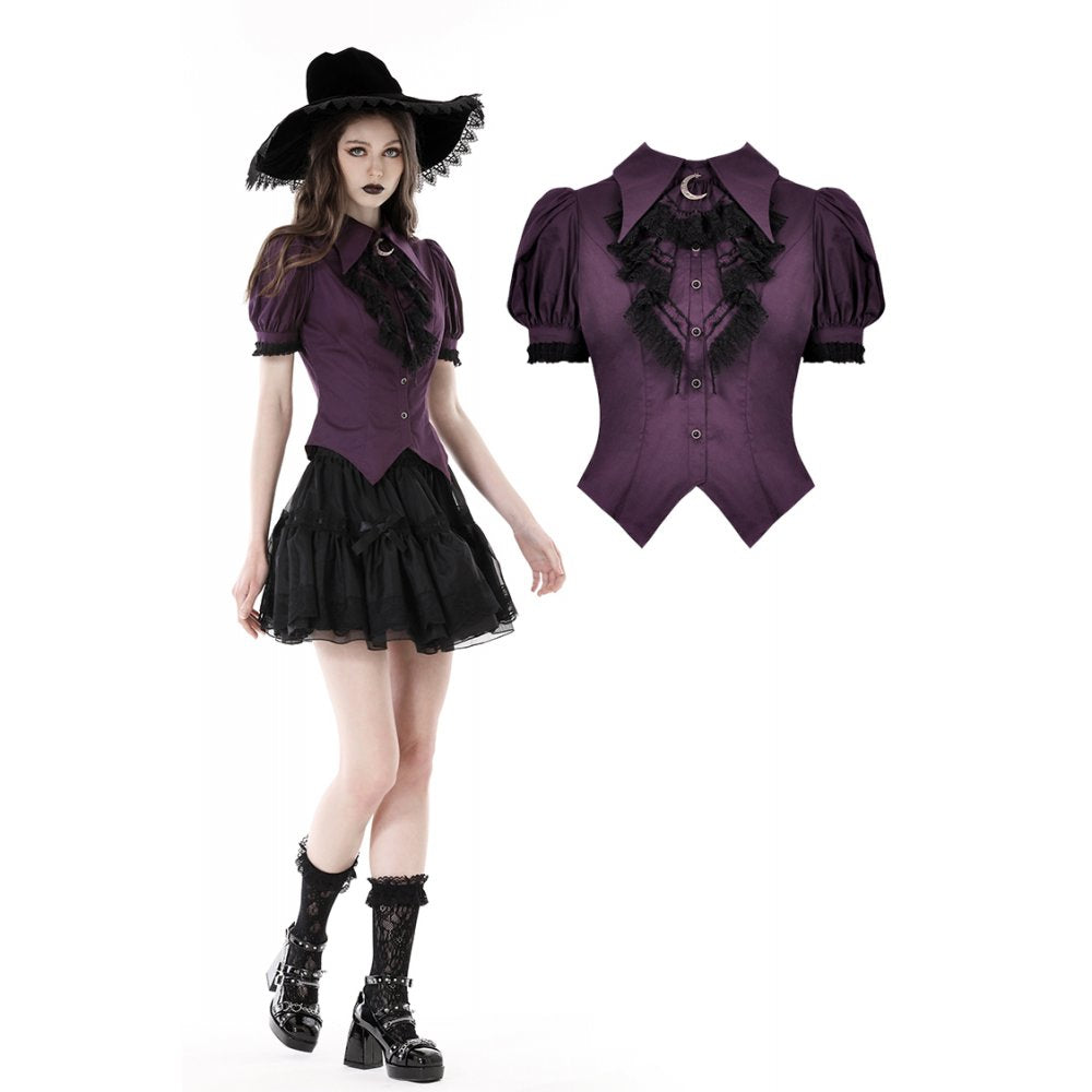 Dark in Love Druantia blouse deep purple gothic top with puff sleeves and crescent moon charm worn on model