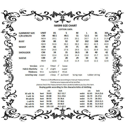 Dark in Love Druantia blouse size chart showing measurements for gothic cotton blouse
