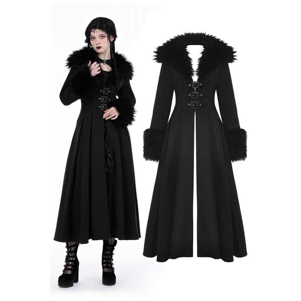 Dark in Love Haidee coat gothic long black coat with faux fur collar front view