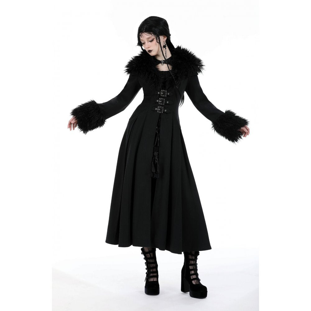 Dark in Love Haidee long gothic coat worn by model with faux fur collar
