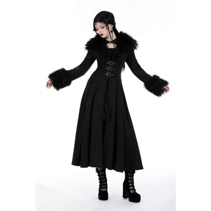 Dark in Love Haidee long gothic coat worn by model with faux fur collar

