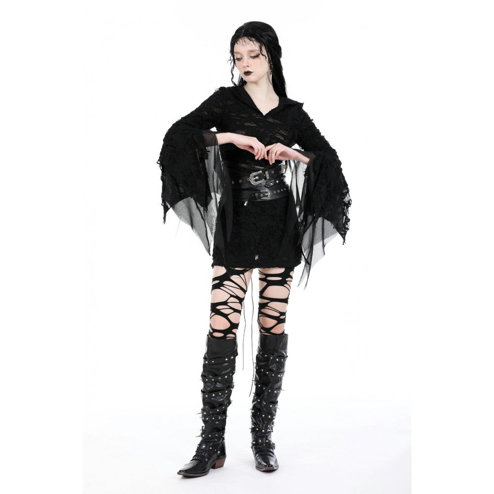 Dark in Love Hattie gothic hooded dress flared sleeve detail distressed dress