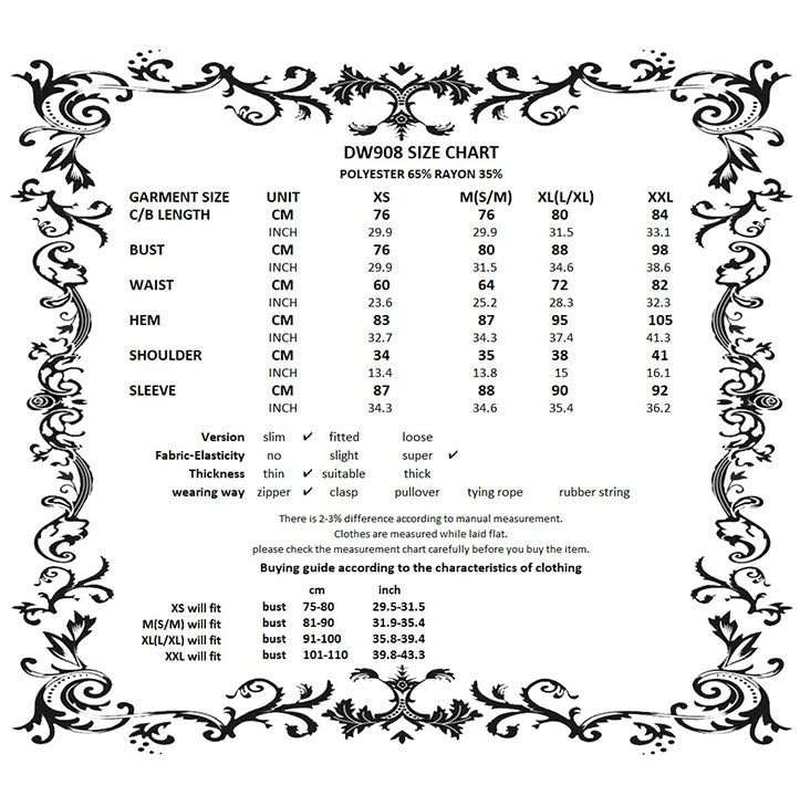 Dark in Love Hattie hooded dress size chart measurement guide