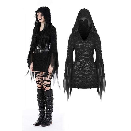 Dark in Love Hattie hooded dress gothic black distressed dress front view with hood