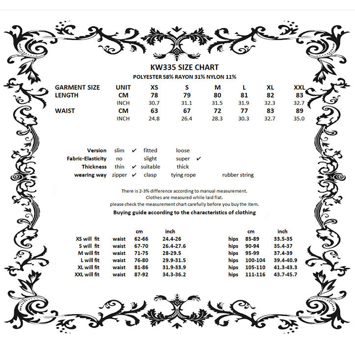 Dark in Love Izora fishtail skirt size chart measurement guide