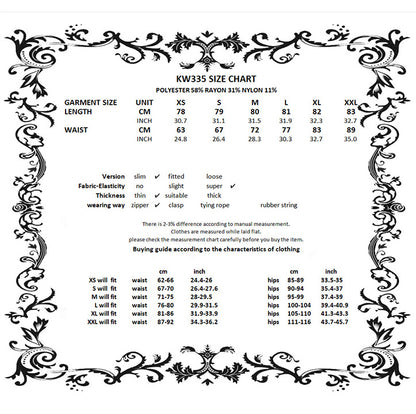 Dark in Love Izora fishtail skirt size chart measurement guide